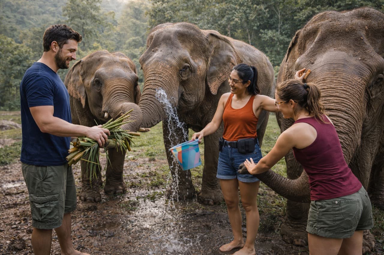 Visitors spending time with elephants at a Phuket sanctuary